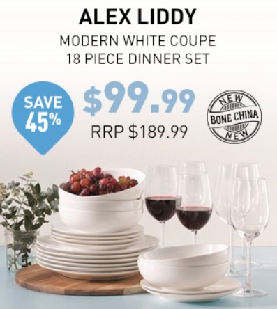 Alex Liddy Modern White Coupe 18 Piece Dinner Set $99.99 (RRP $189.99)