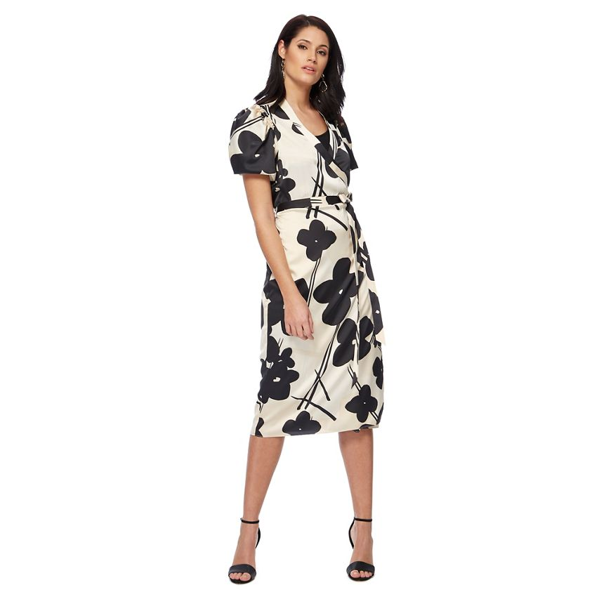 RJR.John Rocha – Ivory and black floral print satin V-neck midi wrap dress Now $69.12