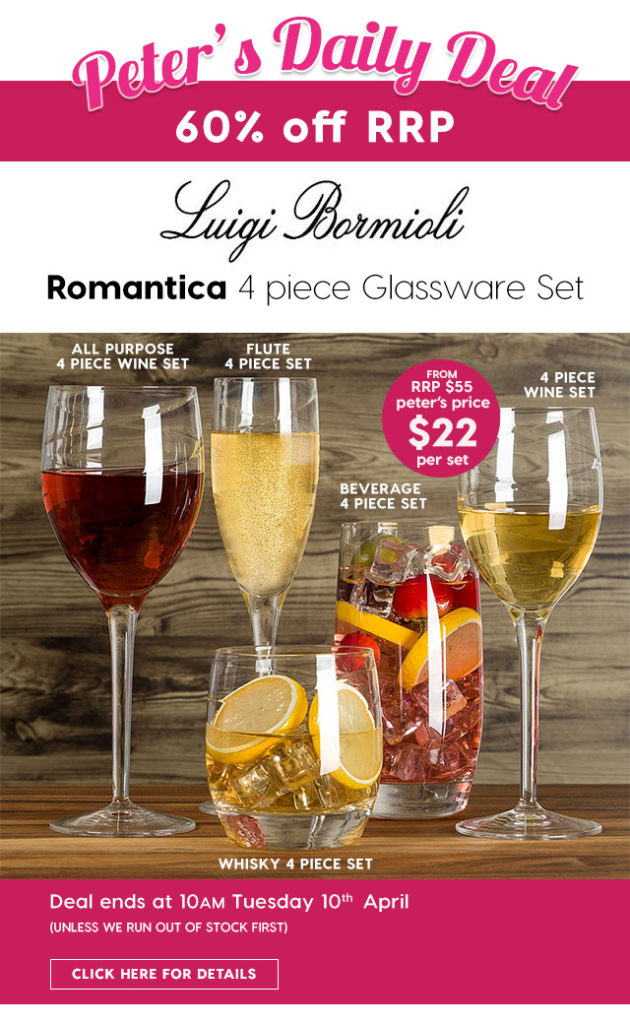 60% off RRP Luigi Bormioli Romantica 4 piece Glassware Sets – Now from $22 per Set