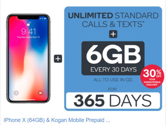 iPhone X (64GB) & Kogan Mobile Prepaid Voucher Code BUNDLE: MEDIUM (365 Days | 6GB | Space Grey) $1,684.60 + FREE SHIPPING (Don’t Pay $1,828.90)