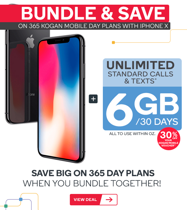 iPhone X (64GB) & Kogan Mobile Prepaid Voucher Code BUNDLE: MEDIUM (365 Days | 6GB | Space Grey) $1,704.60 + FREE SHIPPING (Don’t Pay $1,828.90)