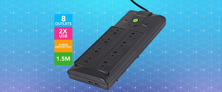 Carter 8-Outlet Surge Protected Power Board with Dual USB in Black! Only $19.99