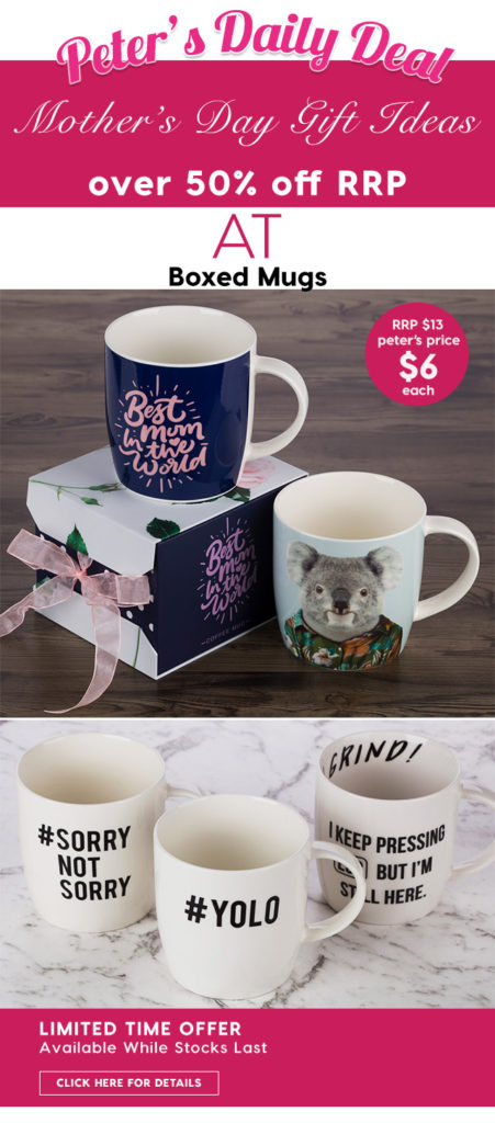 Over 50% off RRP AT Boxed Mugs – Peter’s Price $6 each