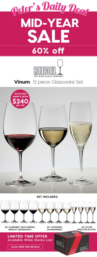 Peter’s Mid-Year Sale! Riedel Vinum 12 piece Glassware Set for $240. 60% off