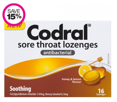 CODRAL Sore Throat Lozenges Honey & Lemon 16 lozenges  $4.99 (rrp $5.99)