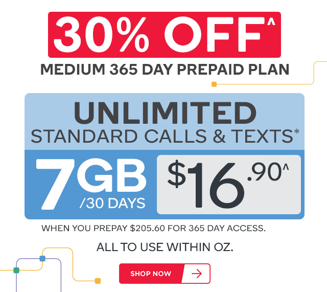 7GB + Unlimited Calls/Text* $16.90 per 30 Days on a 365 Day Plan!