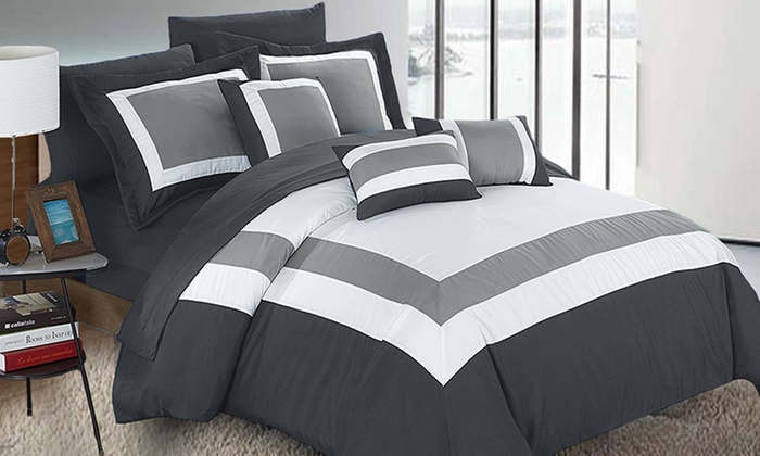 10-Piece Modern Comforter Set Including Sheets in Choice of Colours, Queen ($95) or King ($99)