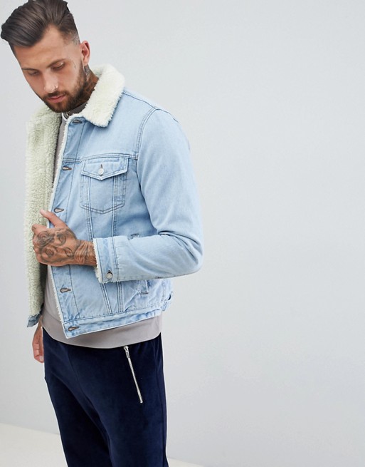 ASOS DESIGN borg lined denim jacket in blue wash $109.00