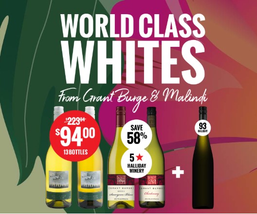 Malindi & Grant Burge White Mix + Bonus (13 Bottles) + FREE DELIVERY $94.00 or $7.23 a bottle (was $223.94)