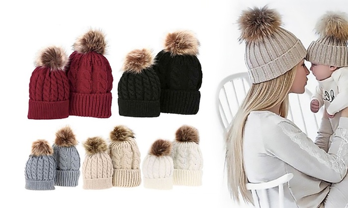 Mum and Baby Matching Pom Pom Beanie Sets: One ($16) or Two ($26)