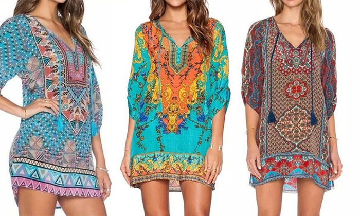 Front Tie Boho-Styled Printed Mini Dress: One ($16) or Two ($26)