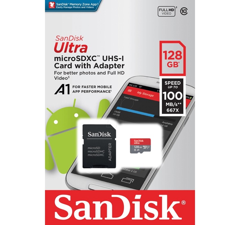 SanDisk Ultra 128GB Micro SDXC UHS-I Card with Adapter 100MB/s