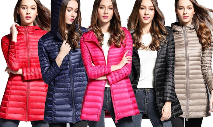 100% Down Longline Women’s Hooded Puffer Jackets in Choices of Size and Colour: One ($39) or Two ($69)