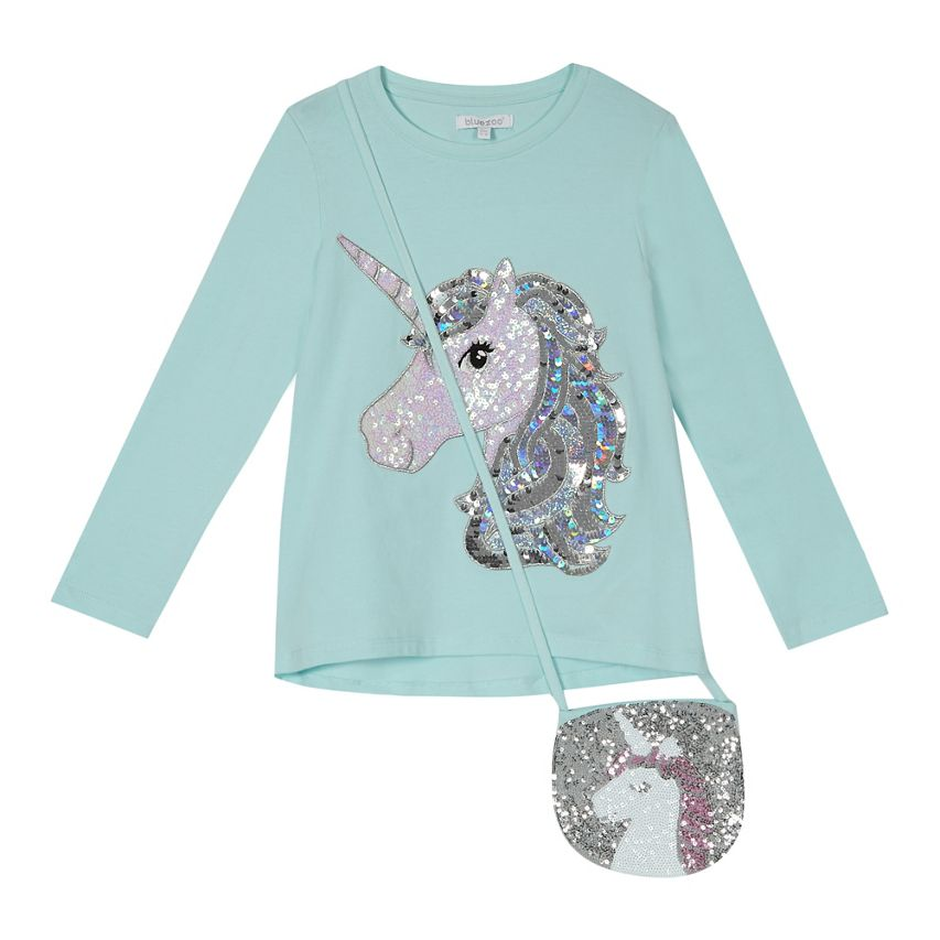 bluezoo – Girls’ aqua unicorn sequinned t-shirt with a bag Now $15.12 – $19.44
