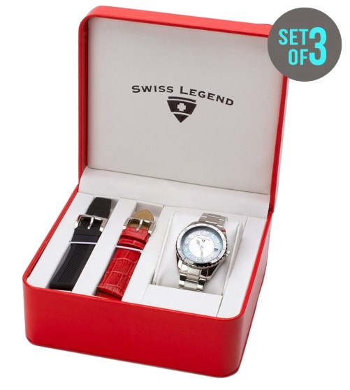 Extra 10% off at checkout | Swiss Legend 3-Piece Set Silver Mother Of Pearl Stainless Steel Watch $155.00 (Price elsewhere $828.00)