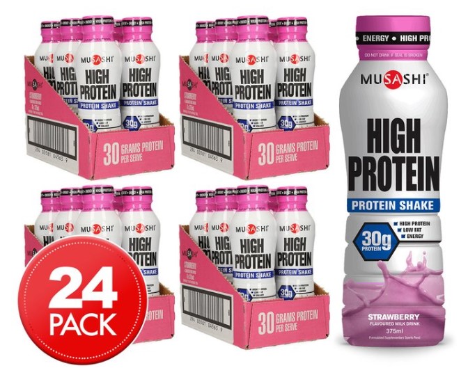 4 x 6pk Musashi High Protein Shake Strawberry 375mL $12