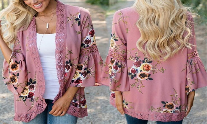 $19 for One or $29 for Two Lace Trim Fluted Sleeve Kimonos