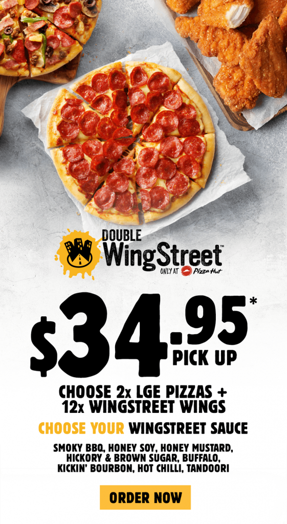 DOUBLE WINGSTREET 2x Large Pizzas + 12 Wings $34.95 pickup