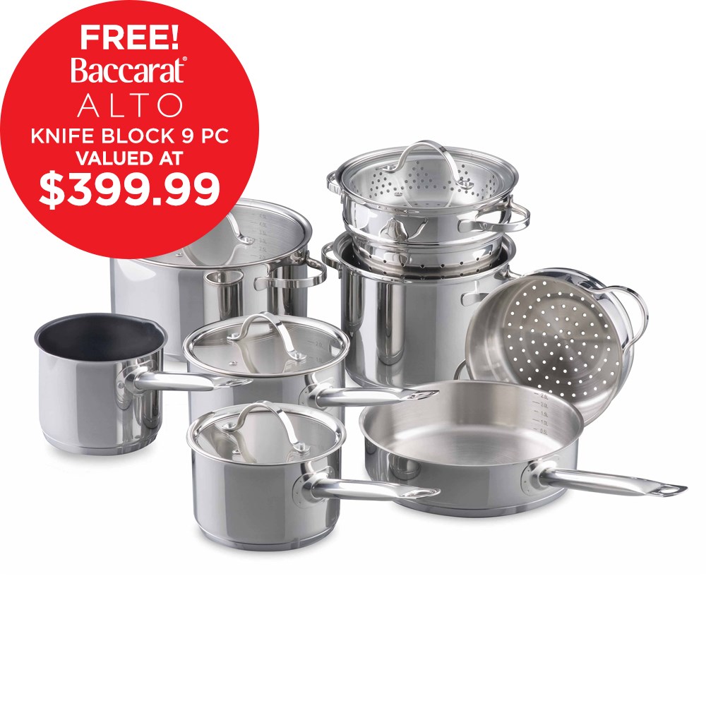 Baccarat Signature Stainless Steel 9 Piece Cookset + FREE Alto Knife Block 9 Pc (RRP $399.99) ==> $399.99 RRP $999.99