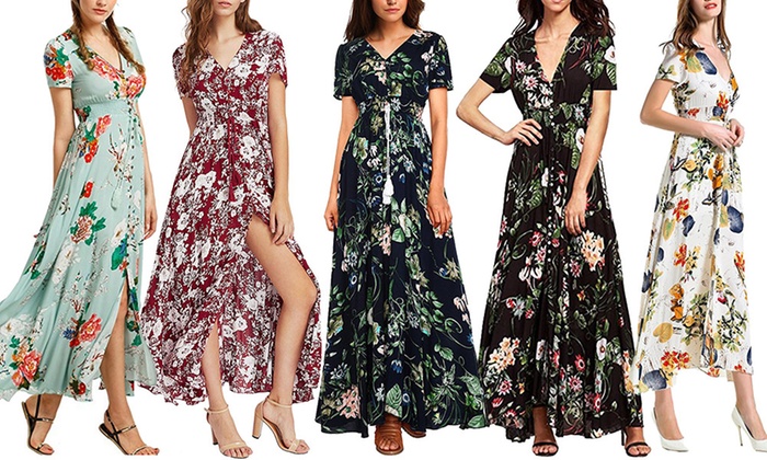 Buttoned Floral Maxi Dress with Elasticated Waist: One ($25) or Two ($45)