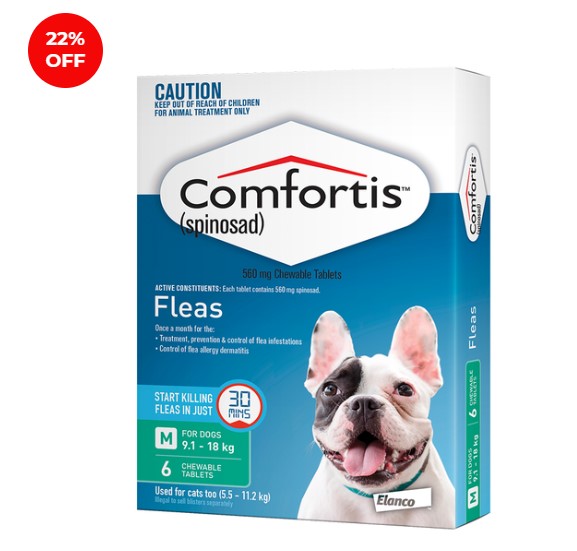 22% OFF Comfortis Chewable Tablets for Dogs 9.1-18KG Pack of 6