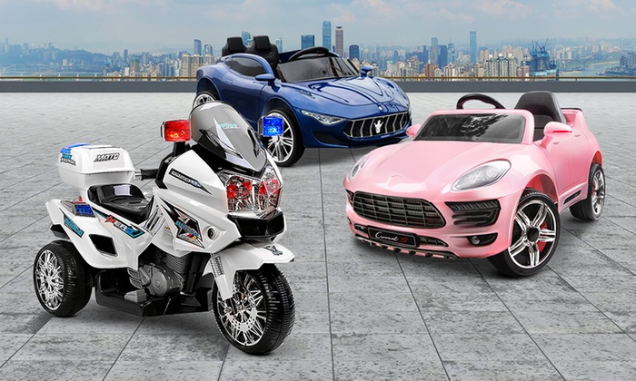 From $59 for a Kids Electric Ride-On Police Bike, or $189 for a Ride-On Black Car, $199 for a Ride-On Sport Car