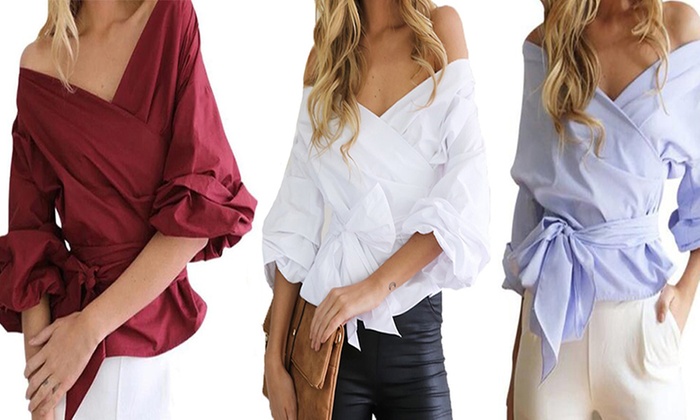 Women’s Off-Shoulder Waist Tie Shirt: One ($15) or Two ($25)