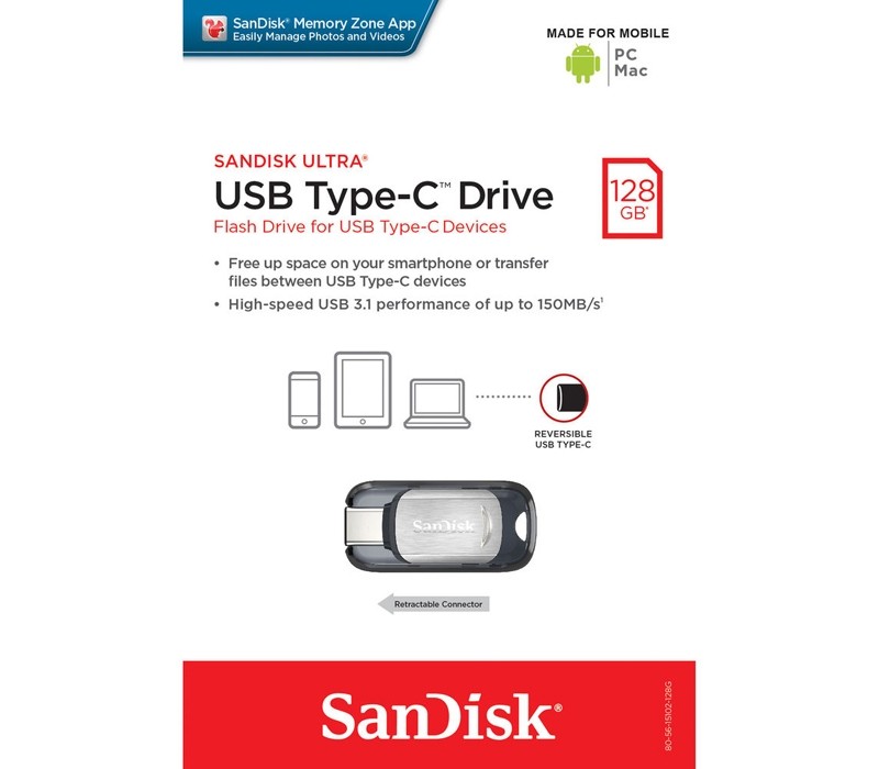 SanDisk CZ450 Ultra USB Type-C 128GB Flash Drive, Metal $59.00