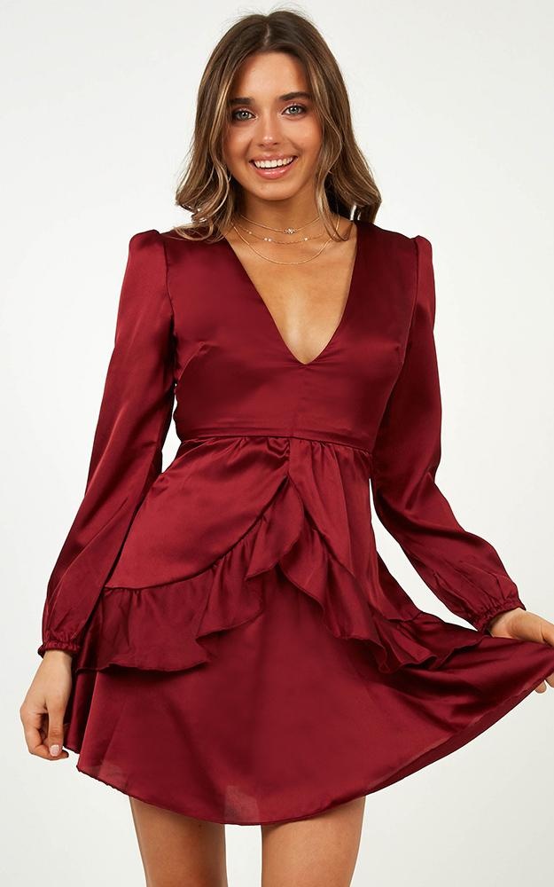 White Lies Dress In Wine Satin US$61.95