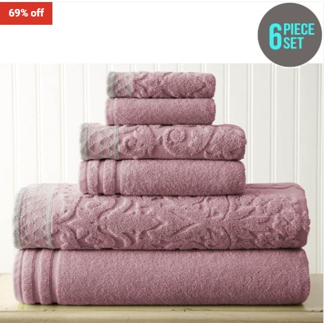 69% OFF Amrapur Overseas 100% Cotton 6 Piece Towel Set Jacquard Damask Embellished Border – Plum $39 (RRP$124)