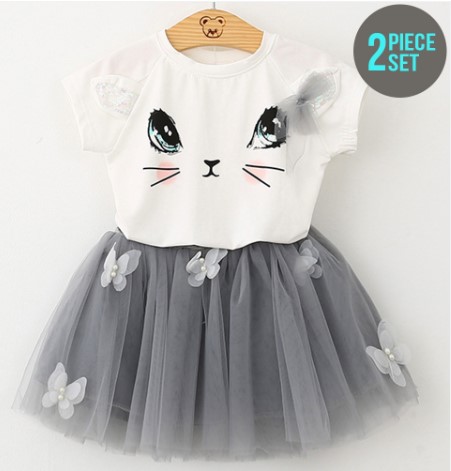 Apparel Sets For Kids O-Neck Short Sleeved Top & Skirts White Grey $12