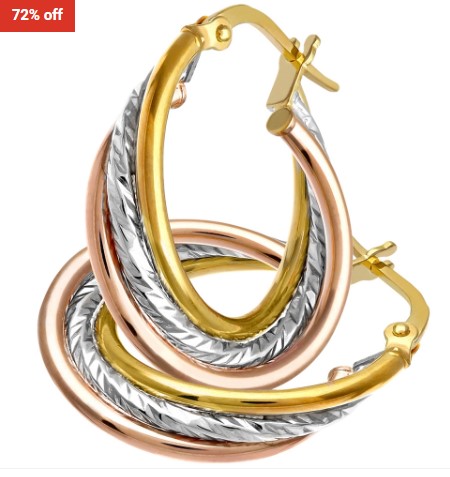72% off Rinani 9ct 3 Colour Gold Diamond Cut Crossover Hoop Earrings $146.20 (RRP$526)