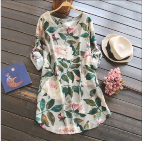 Dress in Linen Cuffed Sleeves Round Neck Linen Dress Floral Multi $29