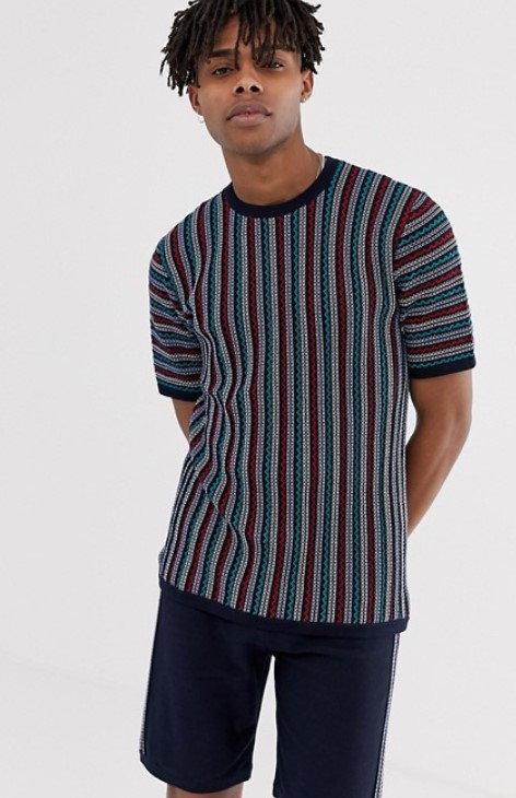 ASOS DESIGN knitted co-ord t-shirt with zig zag stripe in navy $50.00