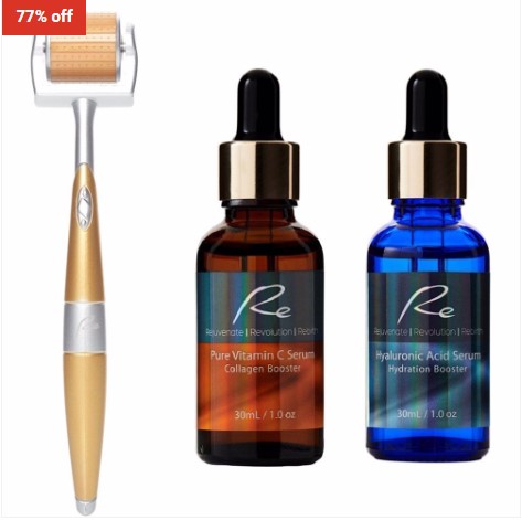 77% OFF RE Skincare Re Eyes & Face Titanium Derma Roller 192 needles + Vitamin C Serum + Hyaluronic Acid Serum $55 (RRP$238)