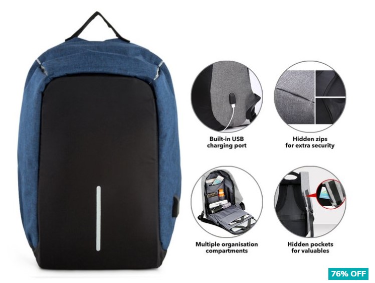 76% OFF Anti-Theft Backpack – Blue $24.99 (Don’t pay $104.95)