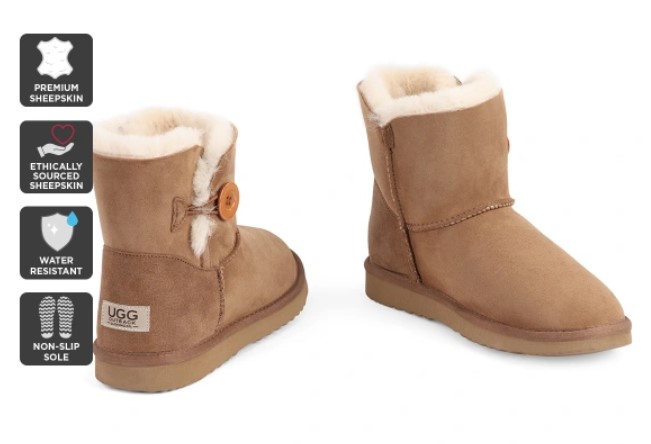 Outback Ugg Boots Mini Button – Premium Sheepskin (Chestnut, 10M / 11W US) $89