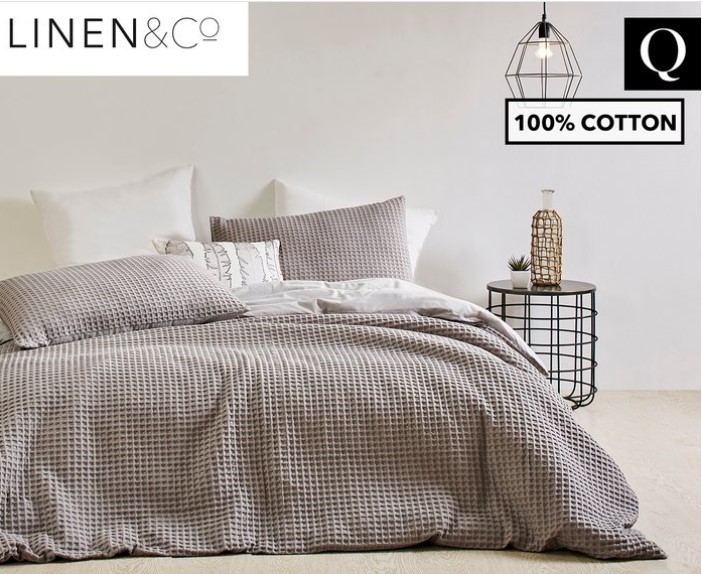 Linen & Co Dublin Waffle Queen Bed Quilt Cover Set – Stone $49.99