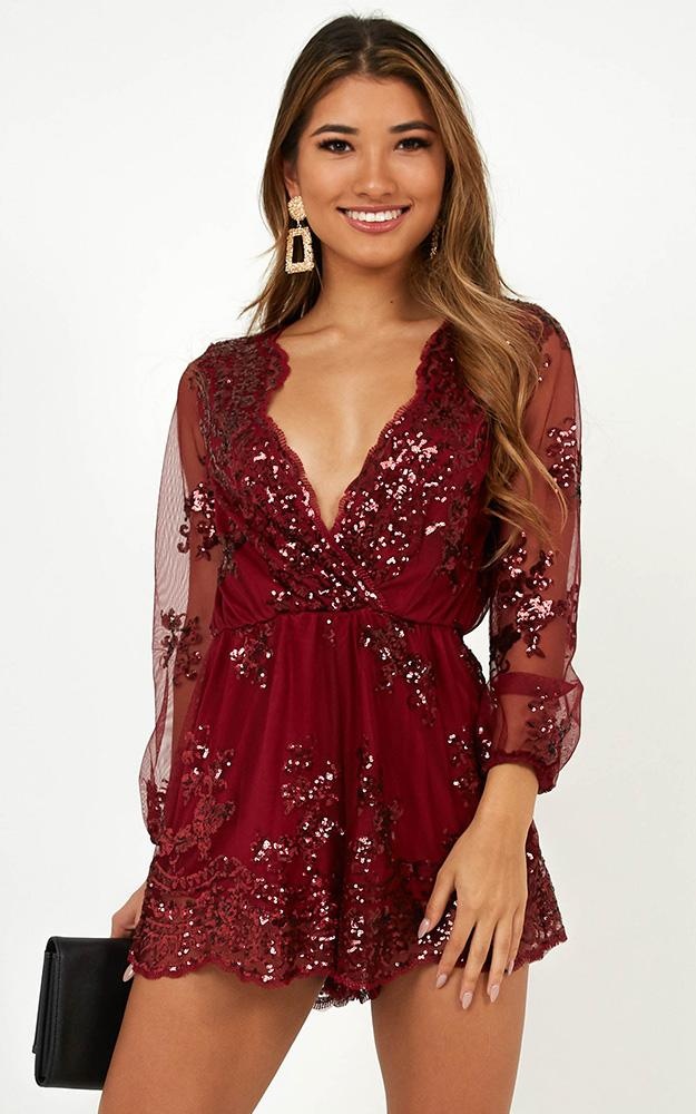 What Comes Around Playsuit In Wine Sequin US$69.95