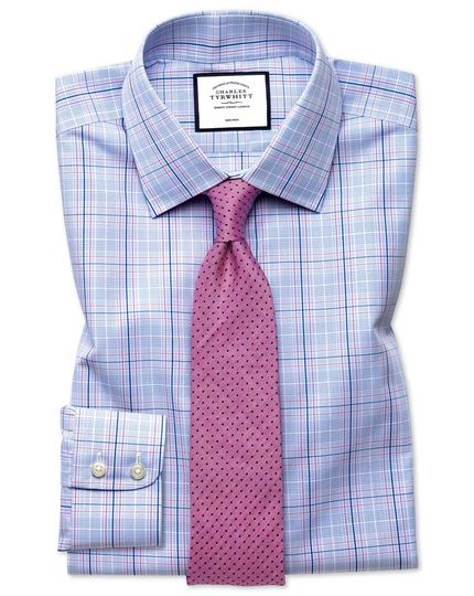 Slim fit non-iron Prince of Wales sky blue and pink shirt $69.00