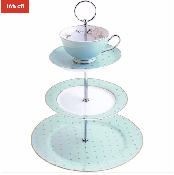 16% OFF Bombay Duck Miss Darcy 3 Tier Cake Stand Teacup and Saucer Mint and Gold Spot $69 (RRP$82)