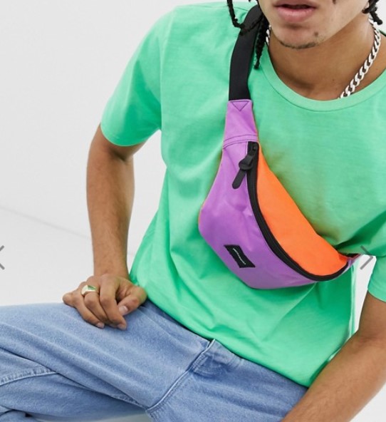 ASOS DESIGN cross body bum bag in neon colour block $24.00