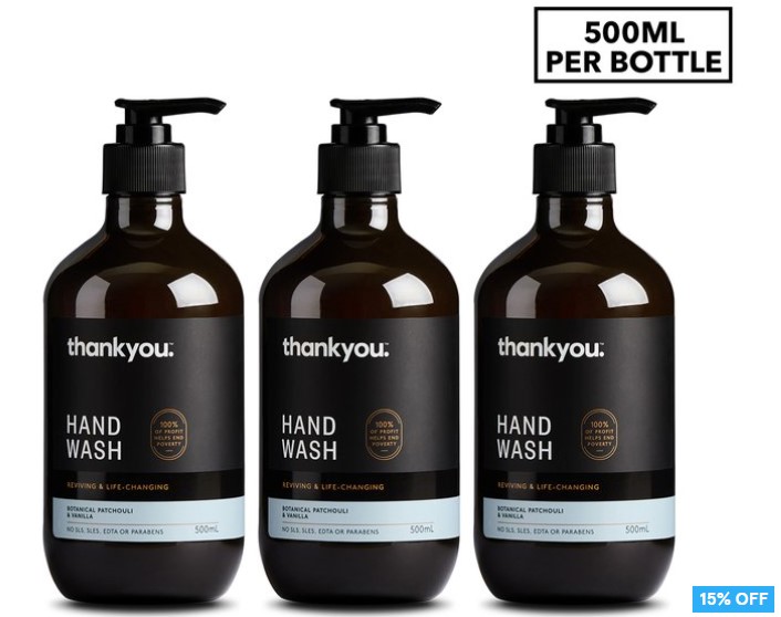 15% OFF 3 x Thankyou. Hand Wash Patchouli & Vanilla 500mL $18.99 (Don’t pay $22.50)