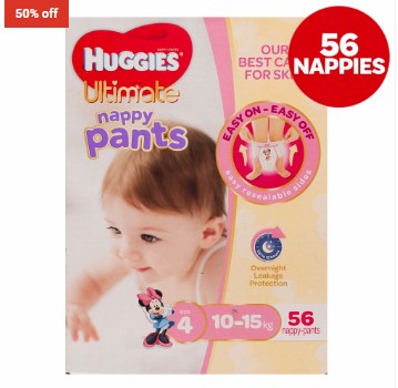 50% OFF Huggies Ultimate Nappy Pants Girl (Size 4) 10-15kg $15 (RRP$30)