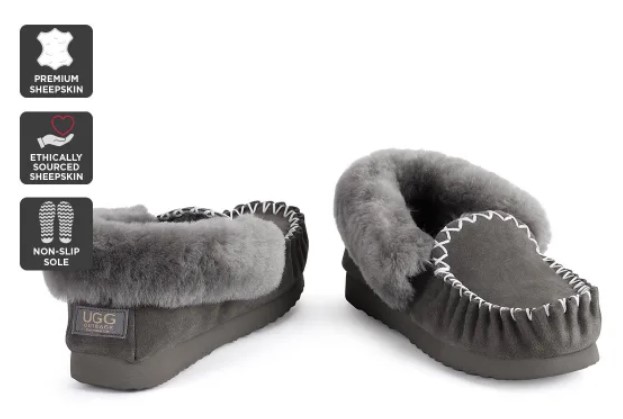 Outback Ugg Moccasins – Premium Sheepskin (Grey, 9M / 10W US) $59