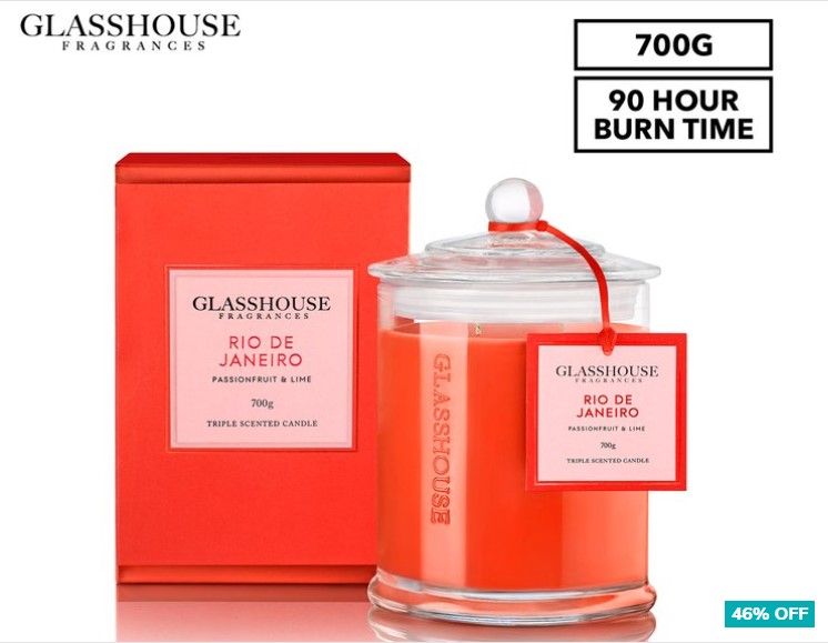 46% OFF Glasshouse Fragrances Triple Scented Candle 700g – Rio De Janeiro Passionfruit & Lime $42.95 (Don’t pay $79.95)