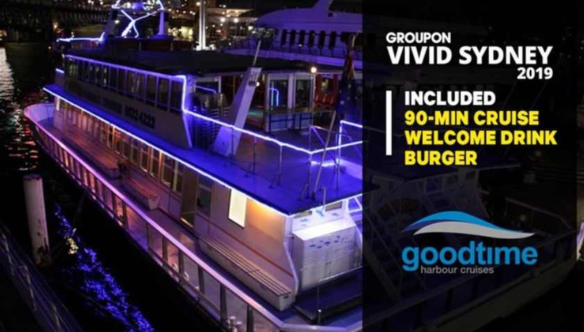 Vivid Cruise with Burger + Drink: Child (From $19) or Adult (From $29) with Good Time Harbour Cruises (From $50 Value)