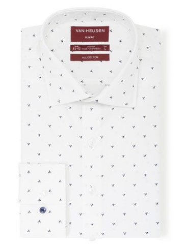 VAN HEUSEN SLIM FIT SHIRT WHITE WITH NAVY EMBLEM PRINT $69.95