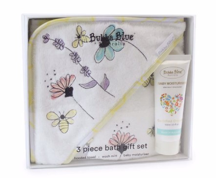 50% OFF Bubba Blue “Bee Beautiful”3Pc Bathtime Gift Set (Hooded Towel75X75Cm,Bath Mitt, Moisturiser) $15 (RRP$29.95)