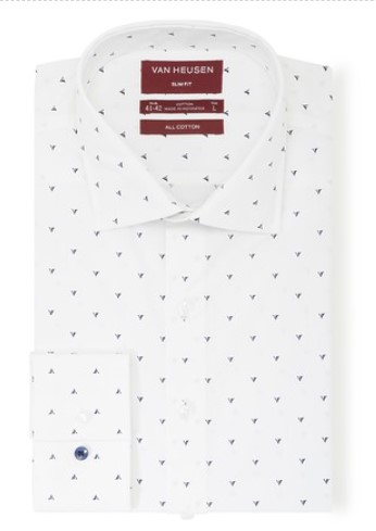 VAN HEUSEN SLIM FIT SHIRT WHITE WITH NAVY EMBLEM PRINT $69.95